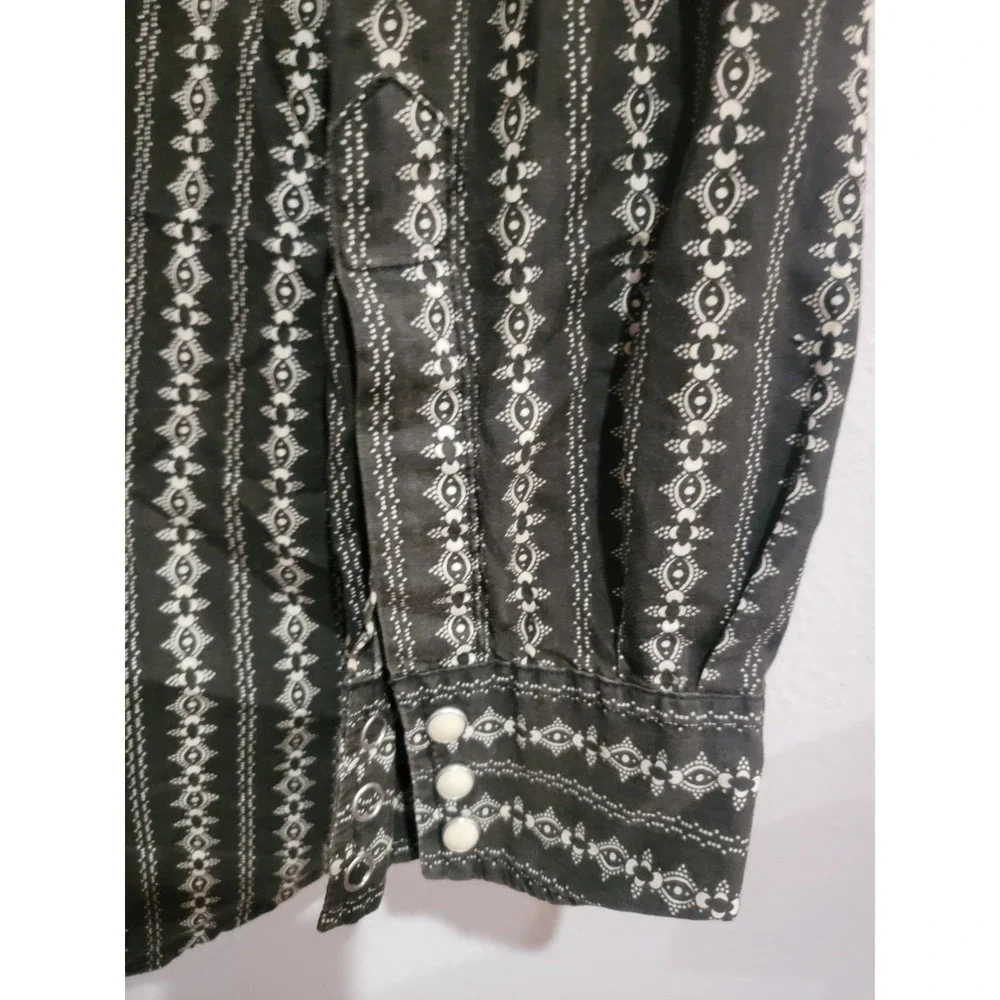 LUCKY‎ BRAND Western Shirt Pearl Snap Black White Print Sz XL Long Sleeve